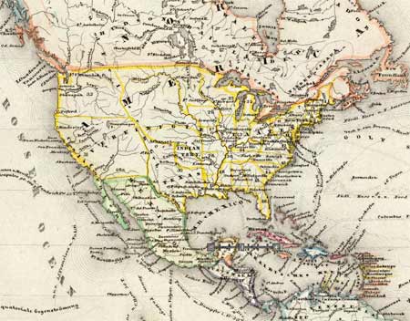 Pincha en la imagen para acceder a este mapa alemán del año año 1850, donde se ven reconocidas las fronteras del nuevo gigante norteamericano